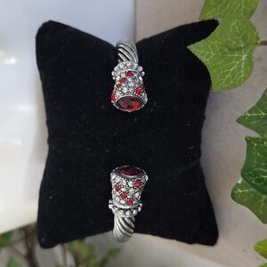 Statement Silver Steel Cable Bracelet Split Opening Red and Clear Zirconia